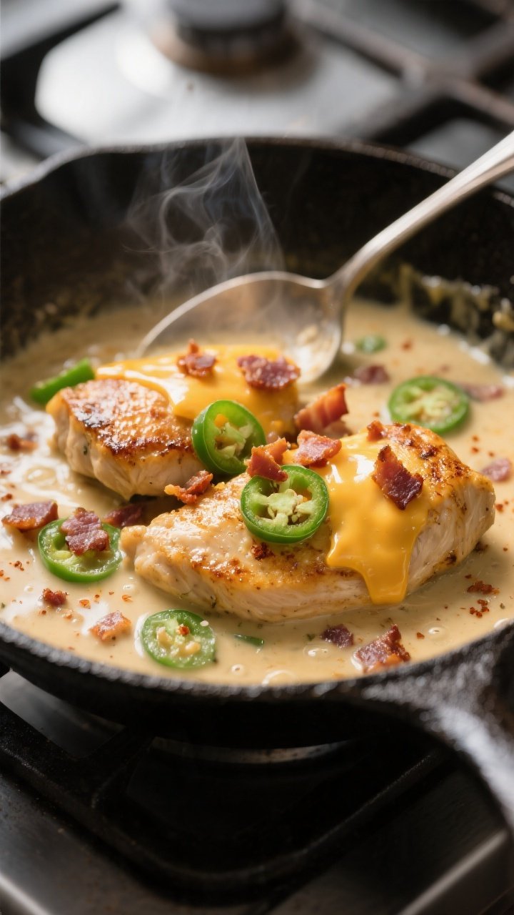 Close-up detail: Golden-seared chicken cutlets simmering in a creamy jalapeño-cheddar sauce, crispy
