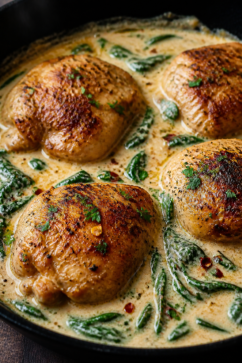Close-up detail: Golden-seared chicken thighs nestled in a silky, creamy garlic-Parmesan sauce in a