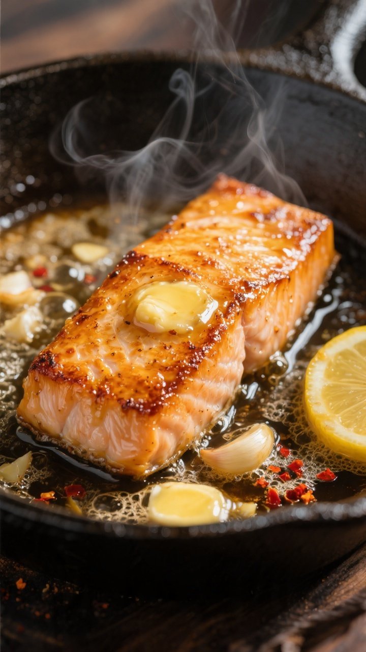 Close-up detail: Golden-seared honey garlic butter salmon fillet in a hot cast-iron skillet, skin-si