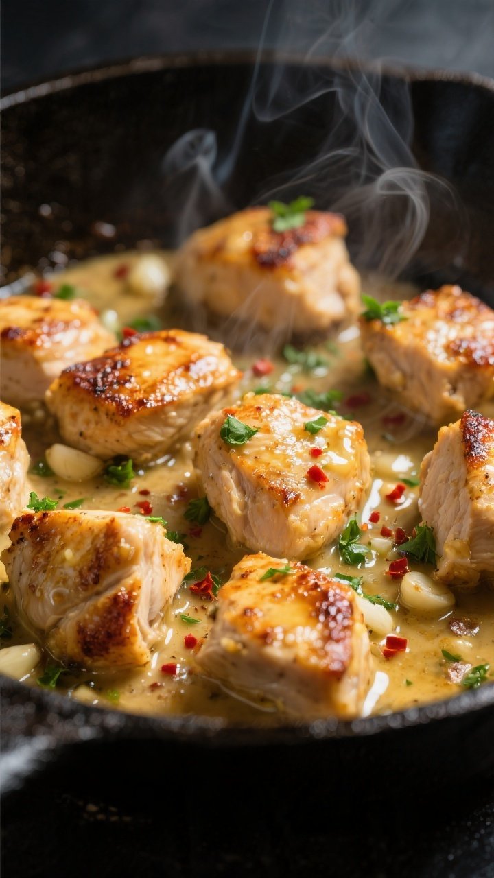 Close-up detail: Golden-seared keto garlic butter chicken bites sizzling in a cast-iron skillet, edg
