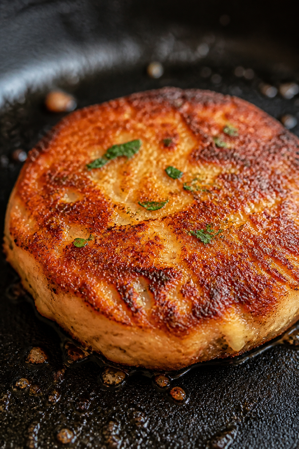 Close-up detail: Golden-seared keto salmon cake in a skillet mid-cook, showing a deeply caramelized 