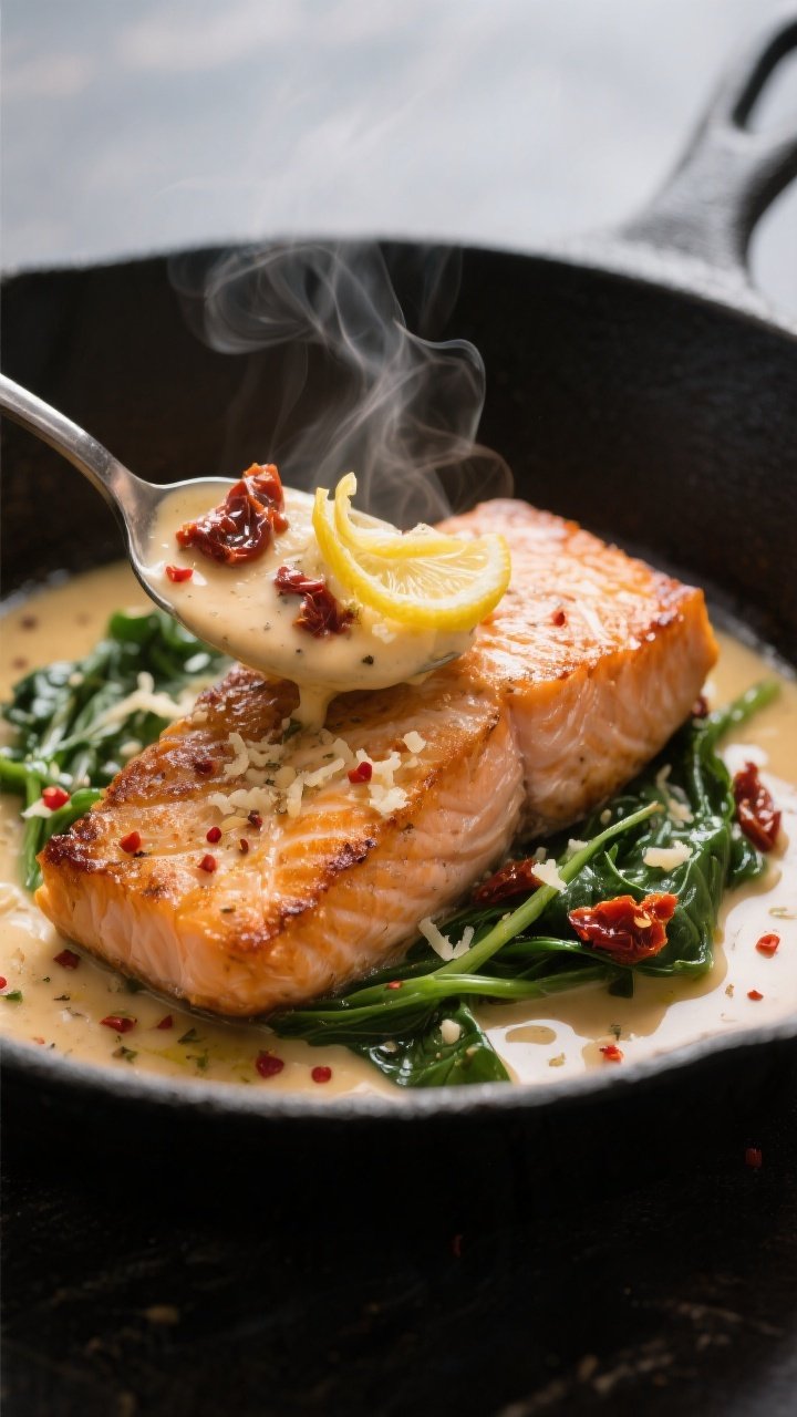 Close-up detail: Golden-seared salmon fillet just returned to the skillet, spooned with velvety sun-