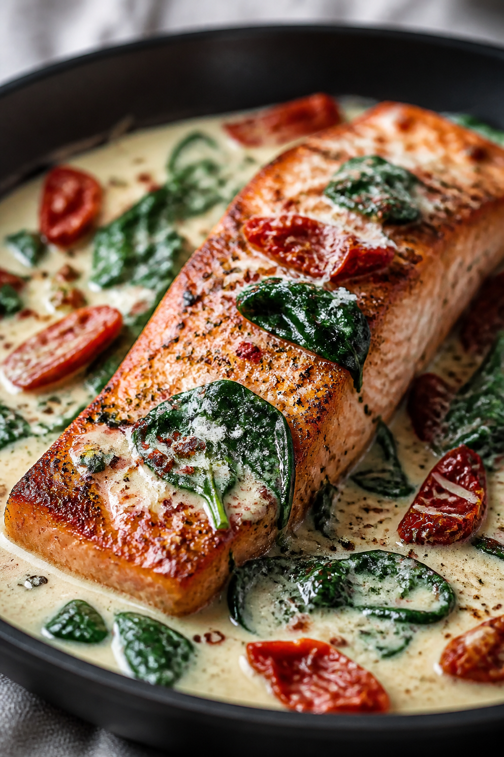 Close-up detail: Golden-seared salmon fillet nestled in a silky garlic-Parmesan cream sauce with rib