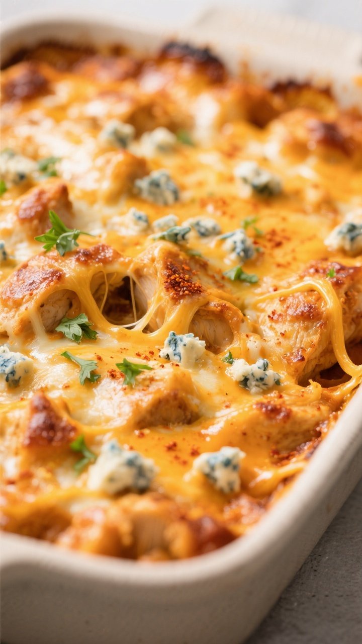 Close-up detail: Gooey, bubbling Buffalo Ranch Chicken Casserole just out of the oven, highlighting 