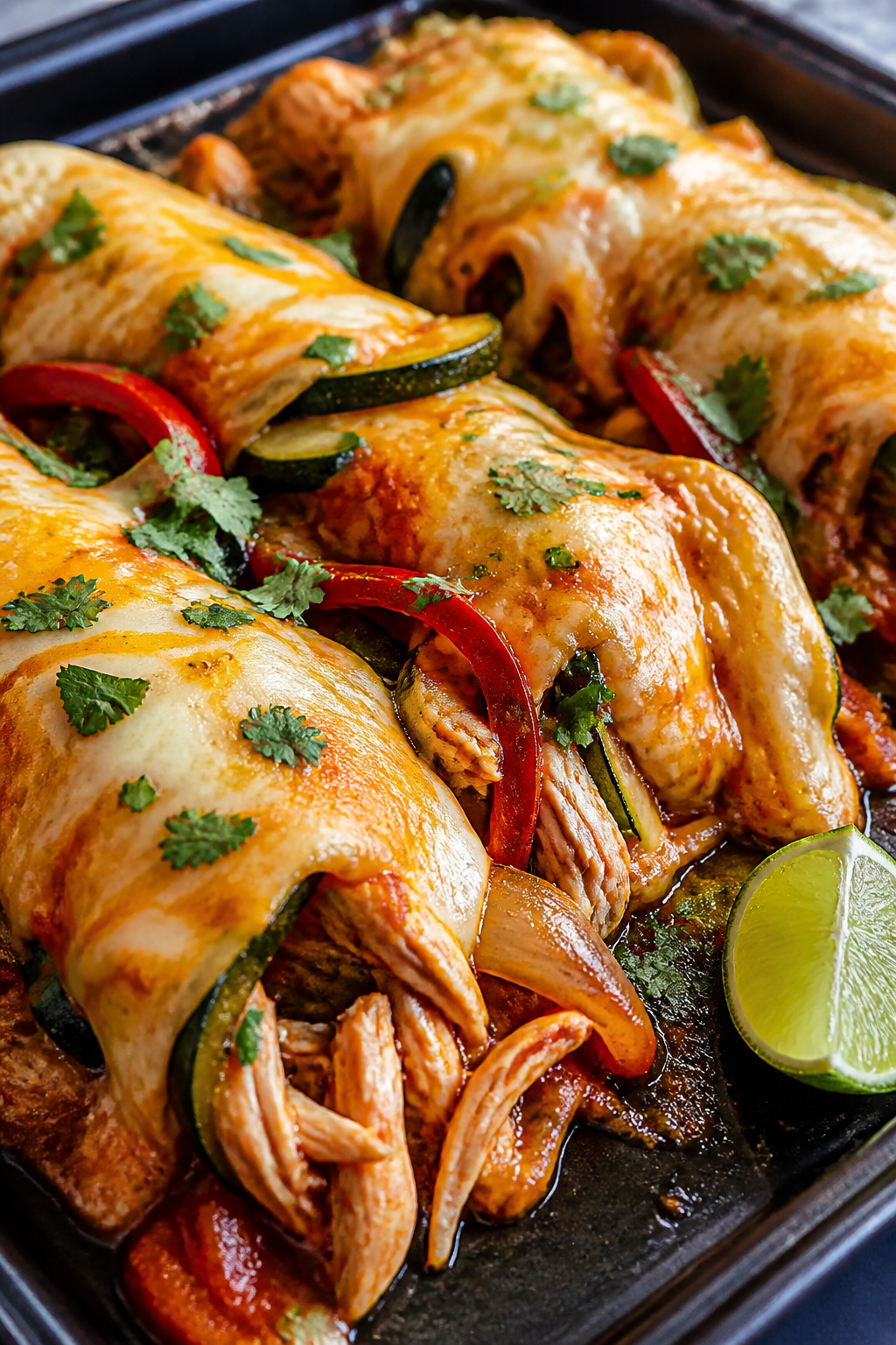 Close-up detail: Gooey low carb chicken enchilada meal prep just out of the oven, melted Mexican ble