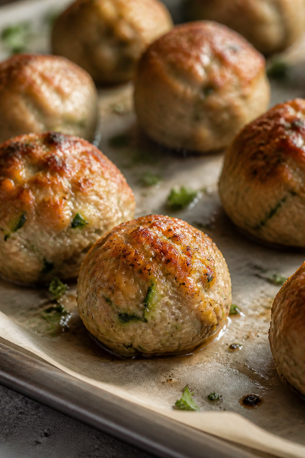 Close-up detail: Juicy baked turkey meatballs just out of the oven on a parchment-lined sheet pan, l