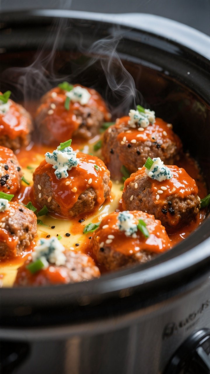 Close-up detail: Juicy buffalo ranch meatballs glistening in a slow cooker, coated in a glossy orang