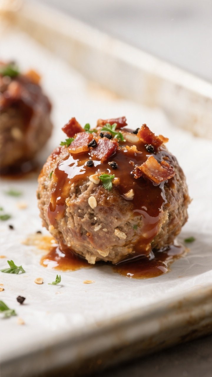 Close-up detail: Juicy keto BBQ bacon meatballs fresh from the oven, glazed with glossy sugar-free B