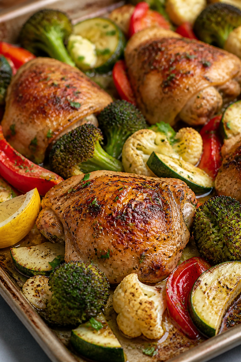 Close-up detail: Juicy roasted chicken thighs nestled among crisp-tender broccoli, cauliflower, zucc