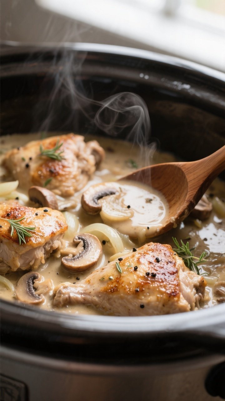 Close-up detail: Juicy seared chicken thighs nestled in a slow cooker, bathed in a bubbling creamy m