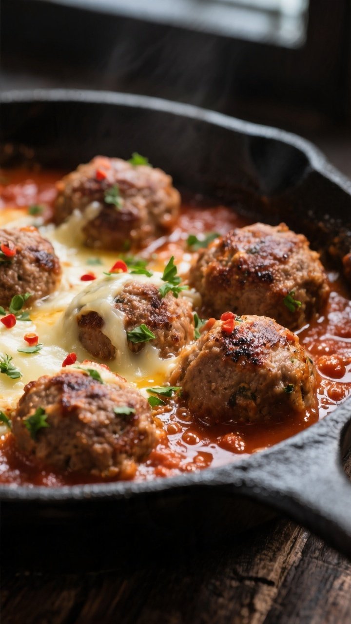 Close-up detail: Juicy, seared keto meatballs simmering in low-carb marinara inside a black cast-iro