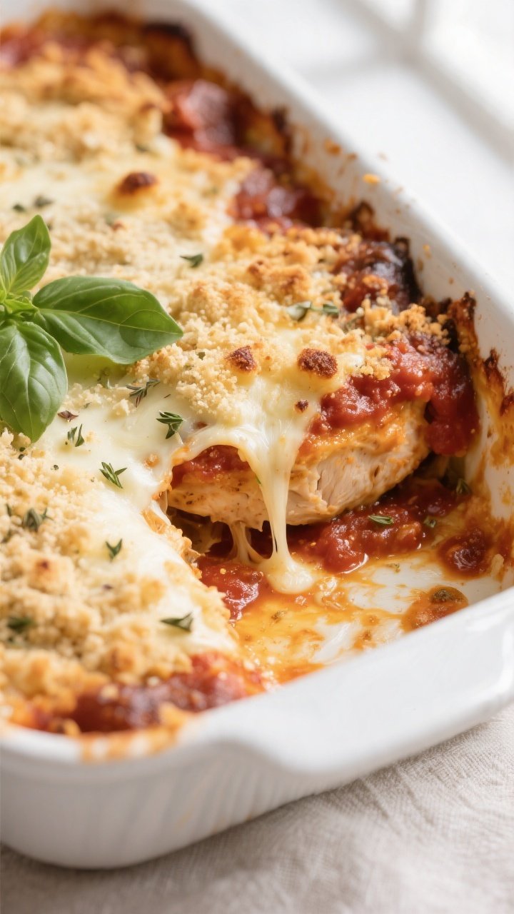 Close-up detail: Keto Chicken Parmesan Casserole just out of the oven, bubbling marinara peeking thr