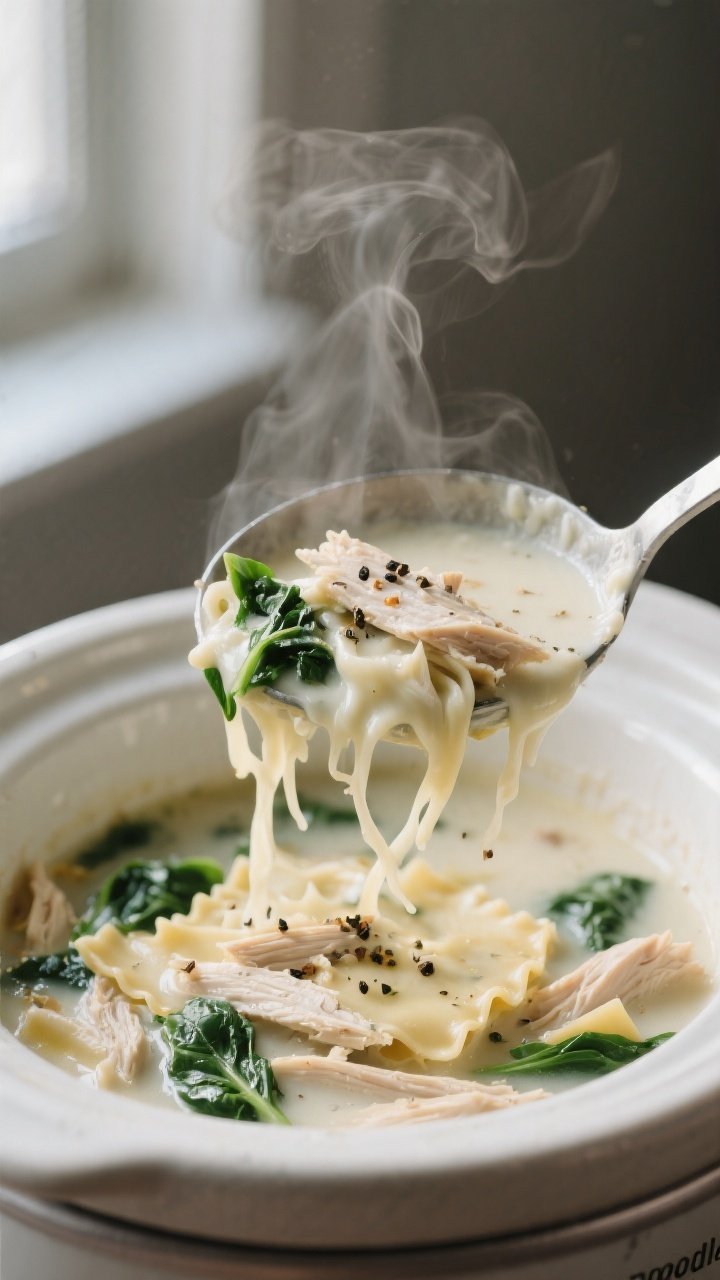Close-up detail: Ladle lifting creamy white lasagna soup from a slow cooker, showing silky, cheese-e