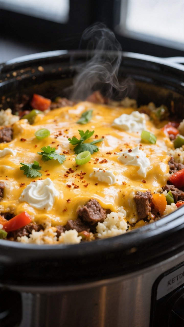 Close-up detail: Melted cheese blanket on Keto Crockpot Loaded Taco Casserole just after the lid is 