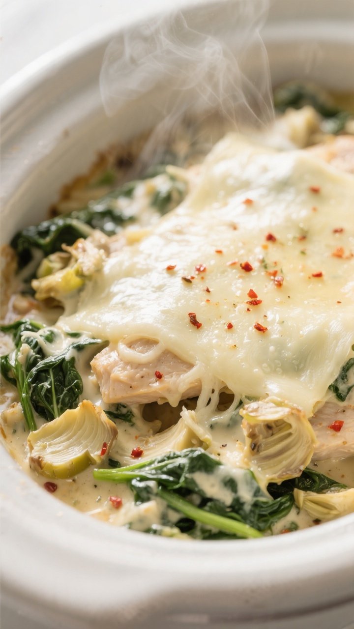 Close-up detail: Melted mozzarella blanket over shredded spinach artichoke chicken in the crockpot,
