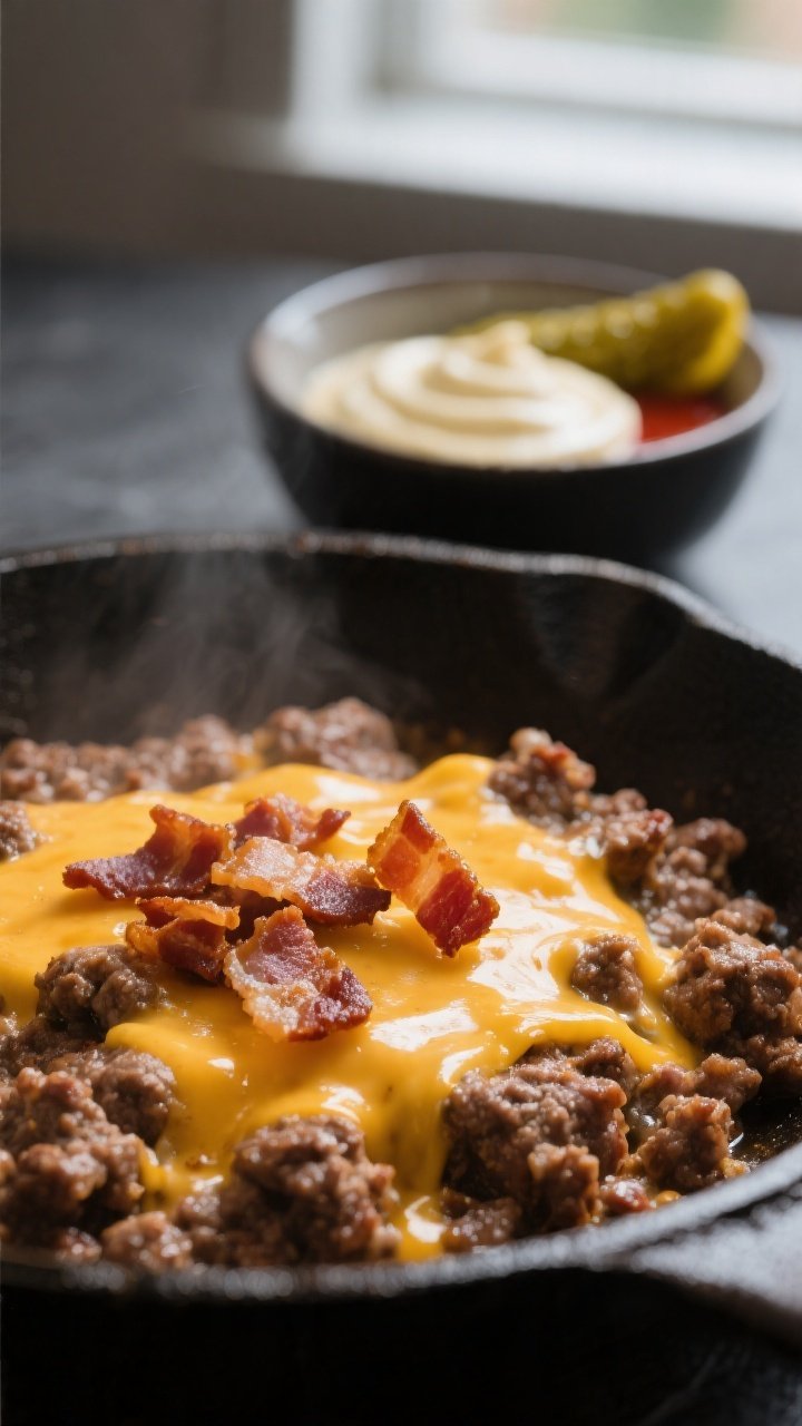 Close-up detail: Melty cheddar-laced ground beef just off the skillet, with a few crispy browned bit