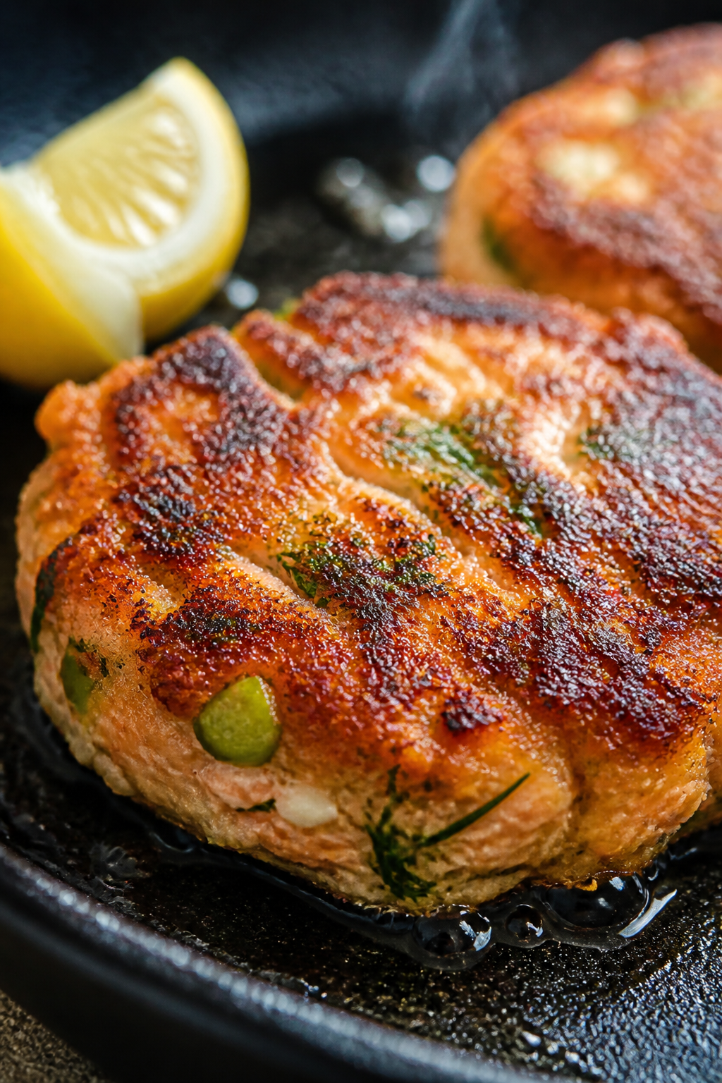 Close-up detail of a salmon patty just flipped in a skillet, showing a deep golden, crispy crust wit