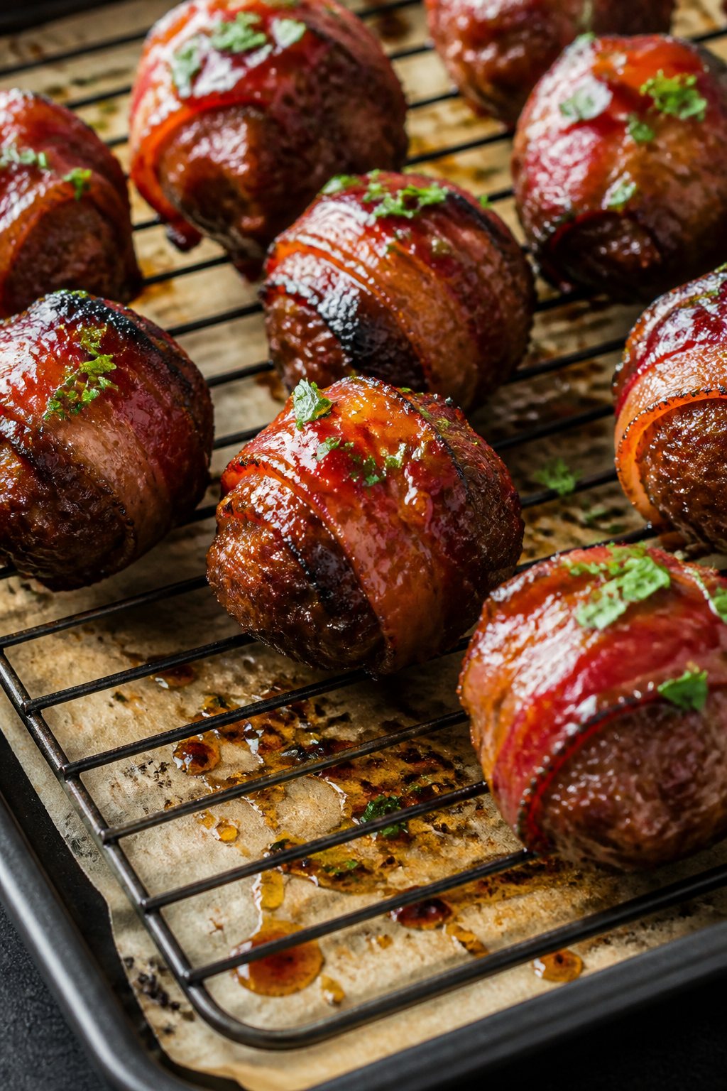 Close-up detail of bacon-wrapped keto BBQ meatballs just out of the oven on a wire rack over parchme