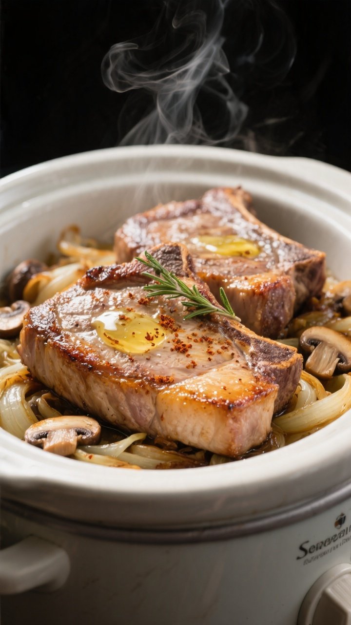Close-up detail of golden-seared pork chops just after browning, nestled back into a slow cooker on 