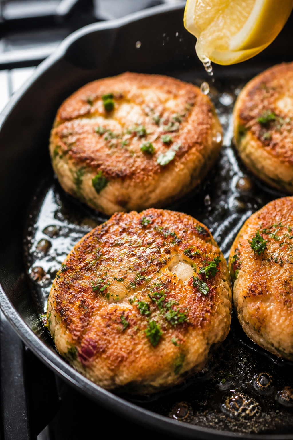Close-up detail: Pan-fried keto salmon patties sizzling in a cast-iron skillet, golden-brown crust w