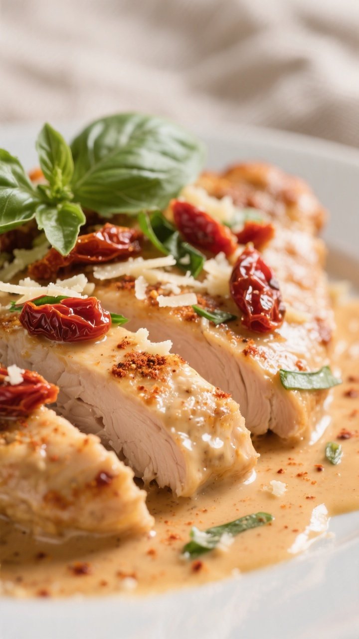 Close-up detail, saucy and rich: Tight macro of a sliced Marry Me Chicken cutlet bathed in thick, gl