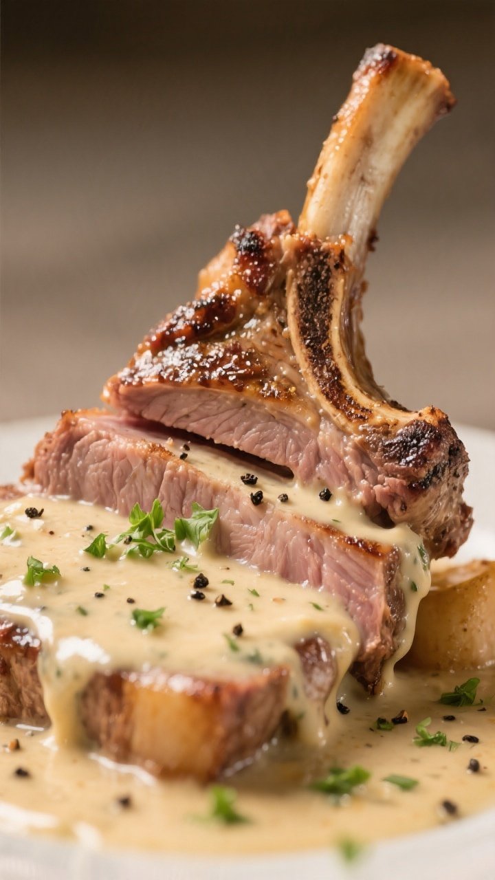 Close-up detail — Saucy tenderness: Extreme close-up of a bone-in pork chop sliced to show juicy, 