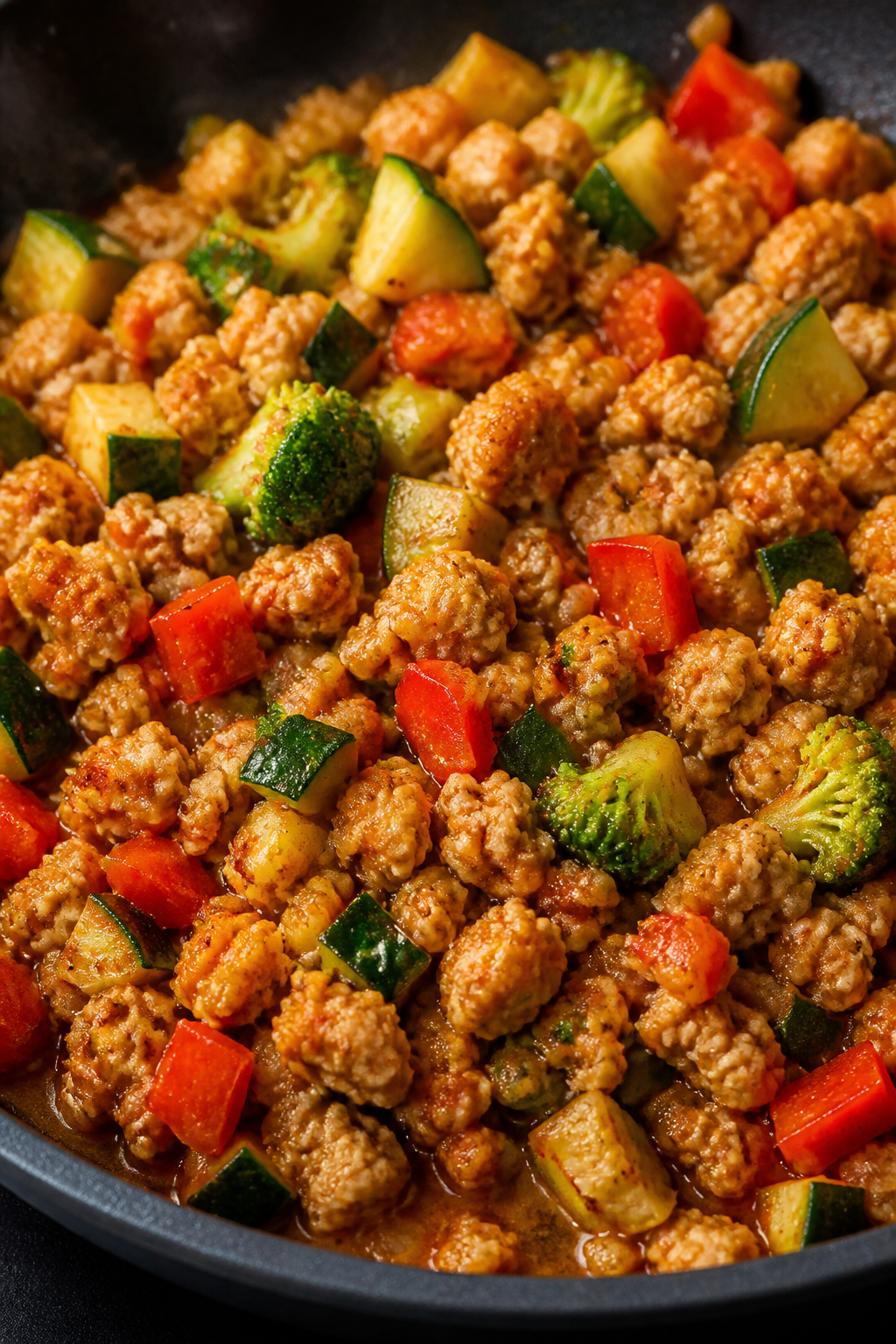 Close-up detail: Sautéed ground turkey mingling with diced zucchini, red bell pepper, and small bro