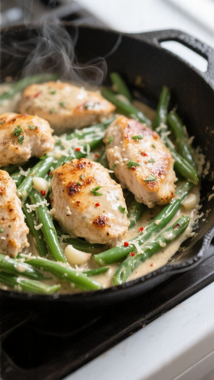 Close-up detail: Sear-kissed keto ranch chicken pieces nestled with blistered, crisp-tender green be