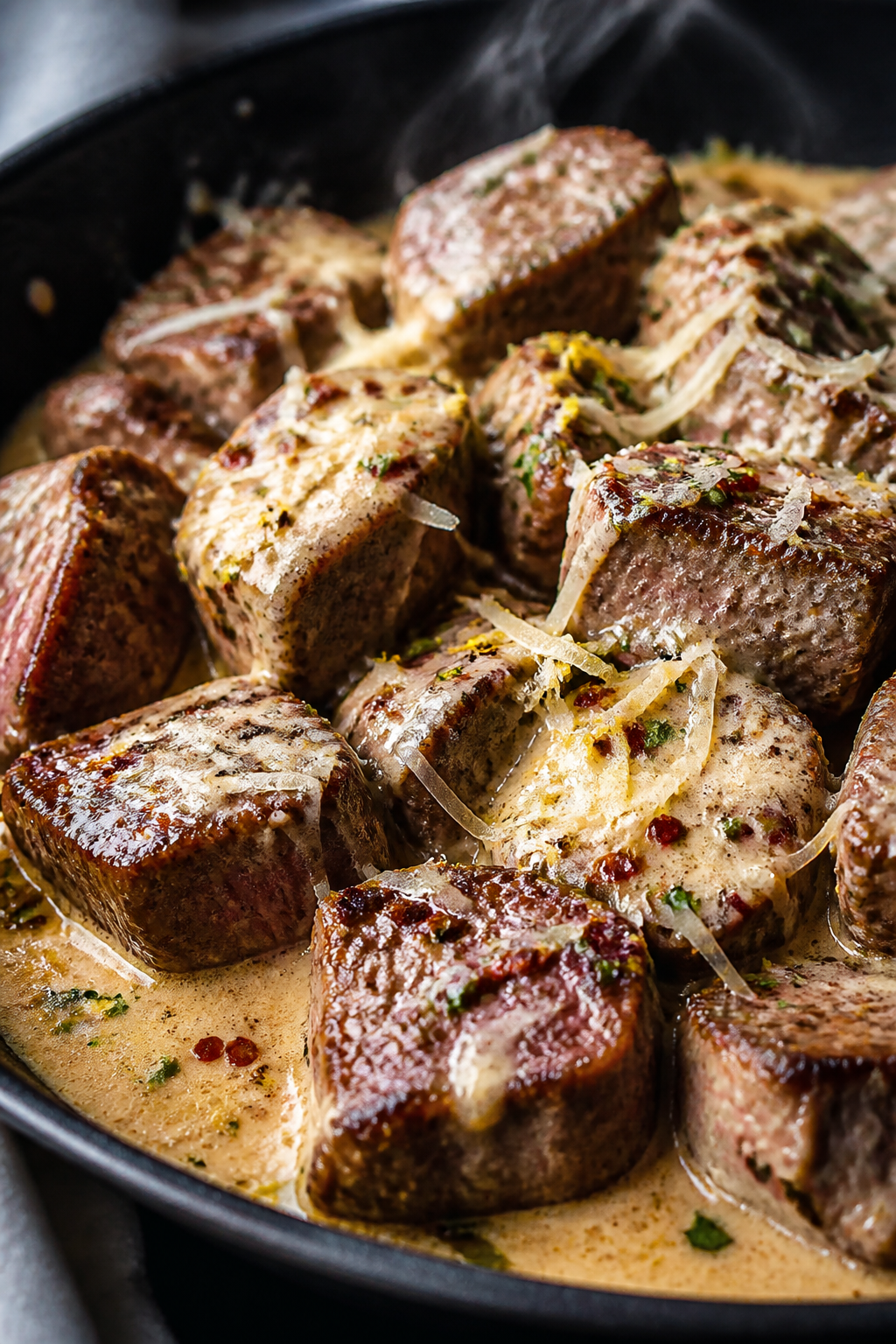 Close-up detail: Sear-kissed steak cubes tossed in creamy garlic-parmesan sauce in a black skillet,