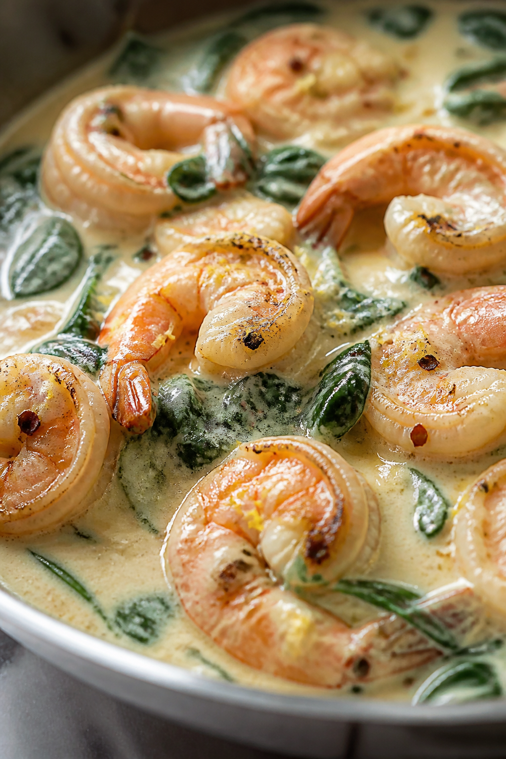 Close-up detail: Seared shrimp just returned to the skillet and coated in glossy Alfredo sauce, pink