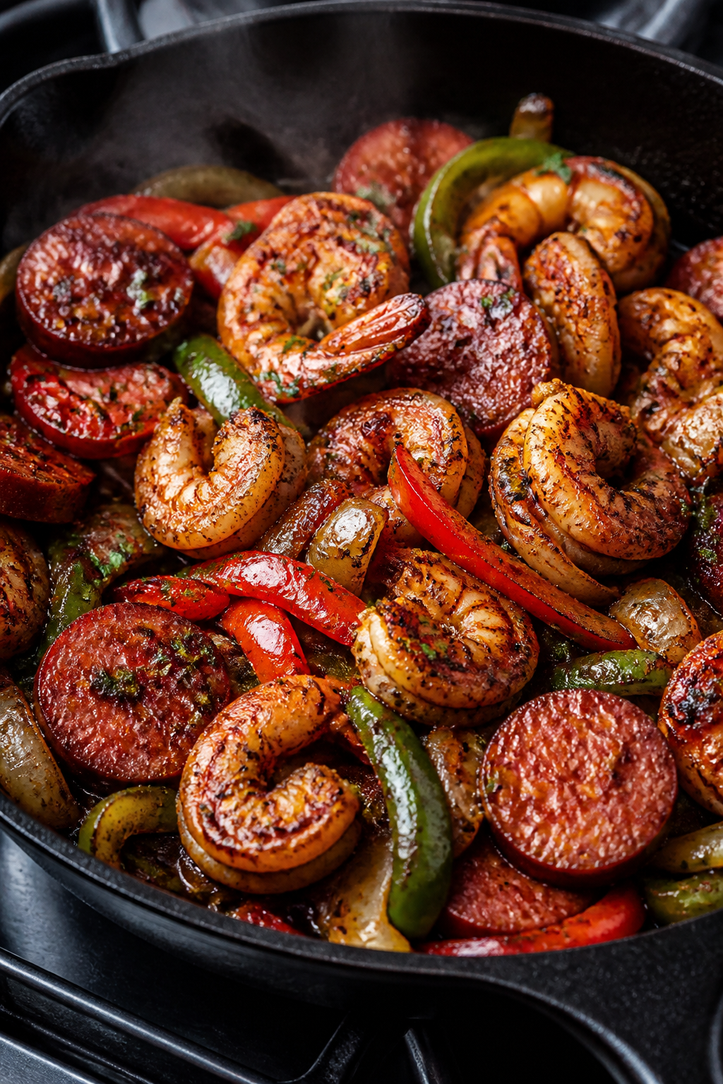 Close-up detail: Searing Cajun shrimp in a cast-iron skillet, shrimp just turned pink and lightly ch