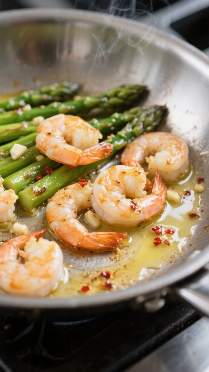 Close-up detail: Searing garlic butter shrimp in a stainless-steel skillet, shrimp opaque with light