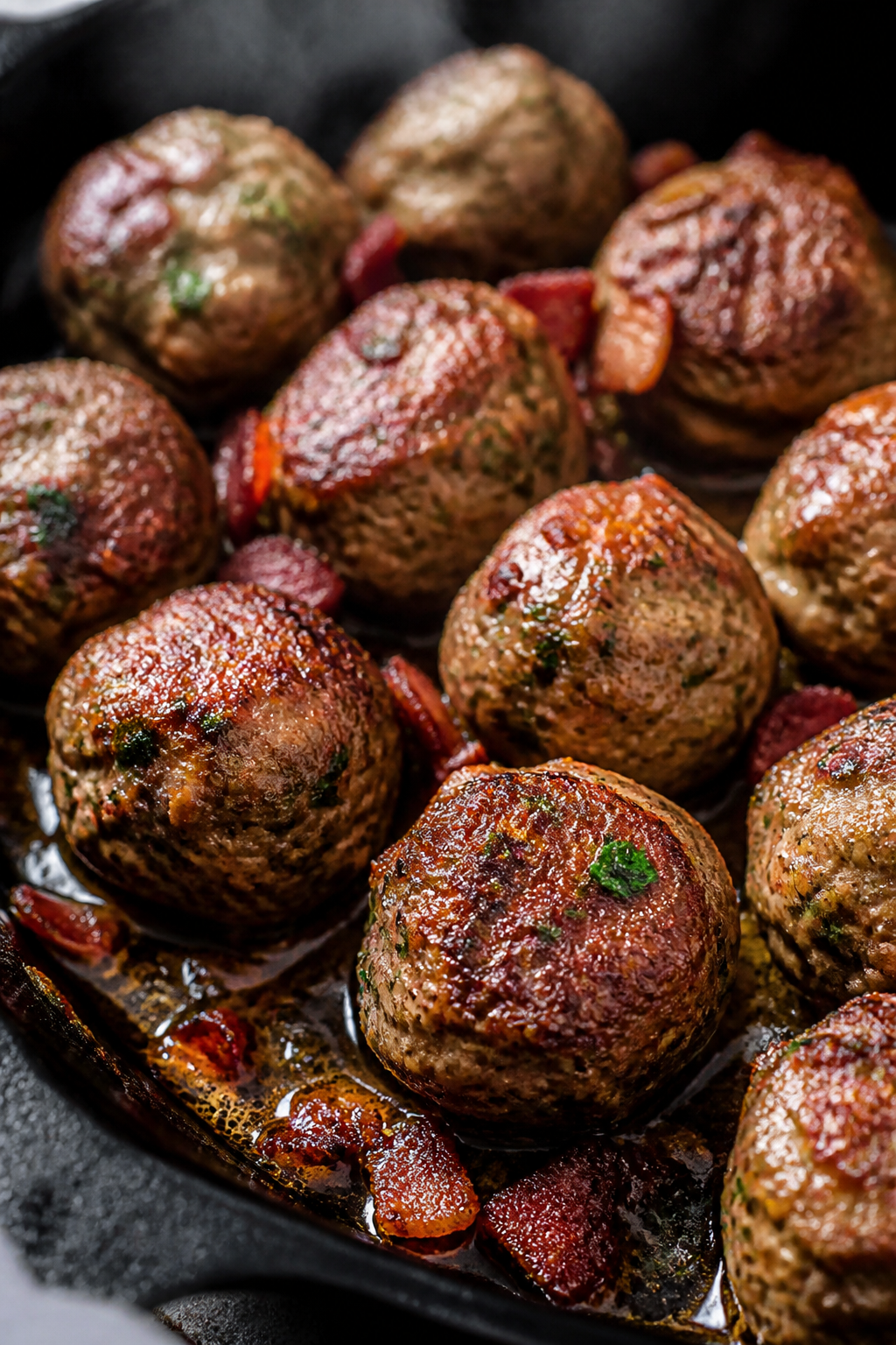 Close-up detail: Searing keto bacon ranch meatballs in a cast-iron skillet, caramelized brown crust 