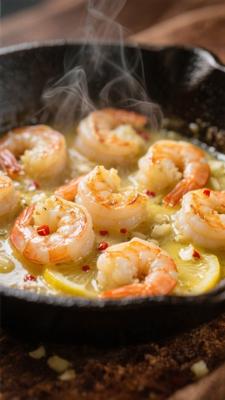 Close-up detail: Searing lemon-butter shrimp in a hot cast-iron skillet, shrimp just turned opaque w
