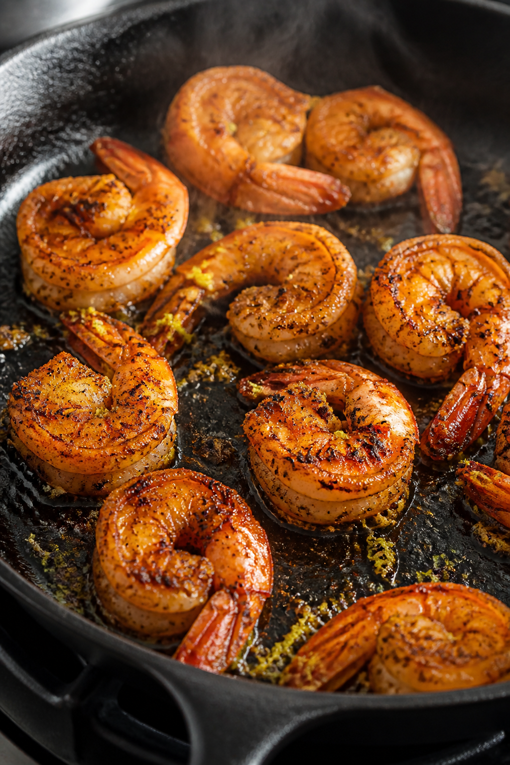 Close-up detail: Searing spiced shrimp in a skillet, cooked and just curled, lightly browned edges w