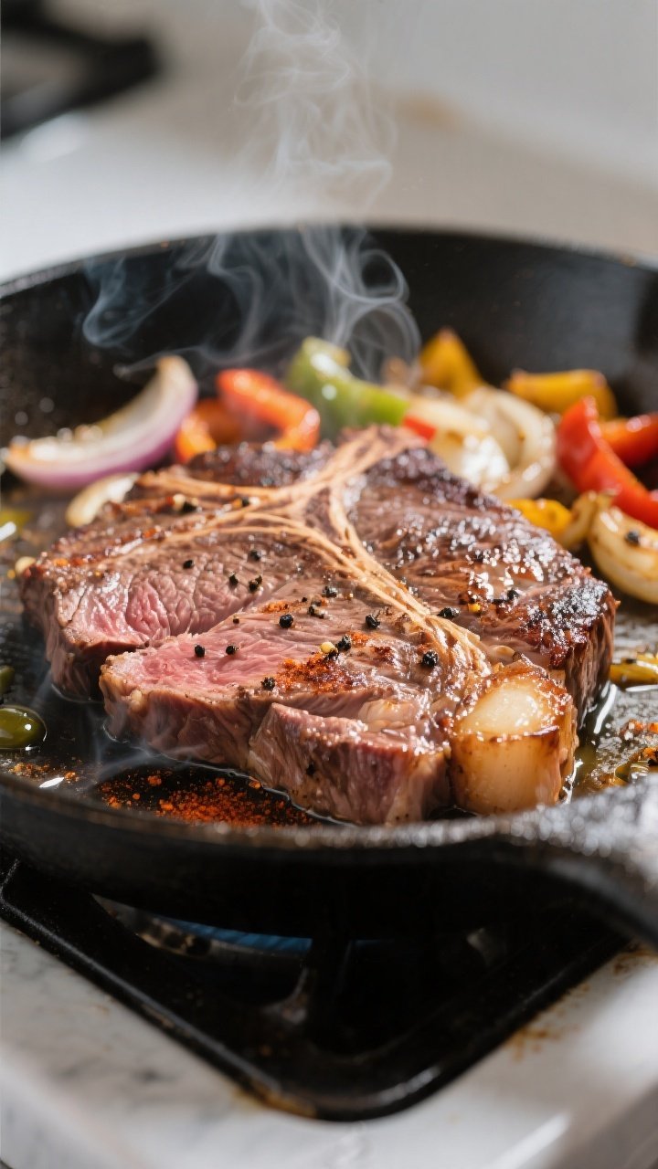 Close-up detail: Searing thinly sliced ribeye in a hot skillet, edges browned and juicy with a light