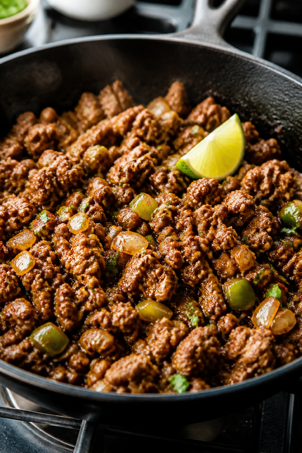 Close-up detail: Seasoned ground beef sizzling in a skillet after blooming spices, richly browned cr