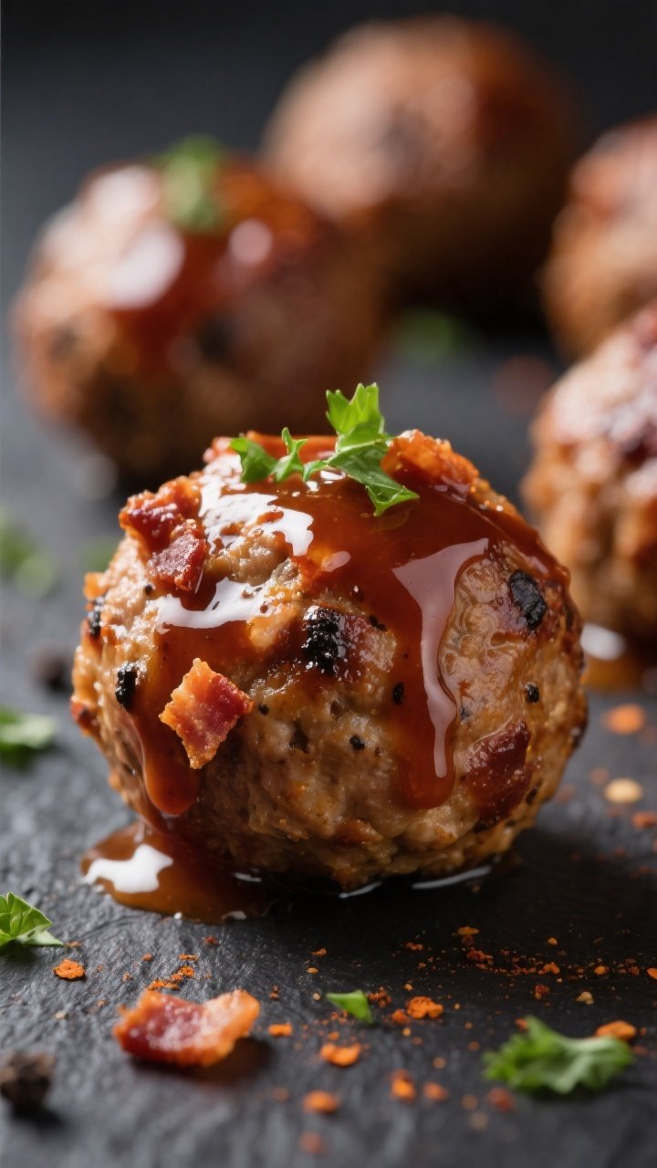 Close-up detail shot: A glossy, fully cooked BBQ bacon meatball just brushed with extra sugar-free B