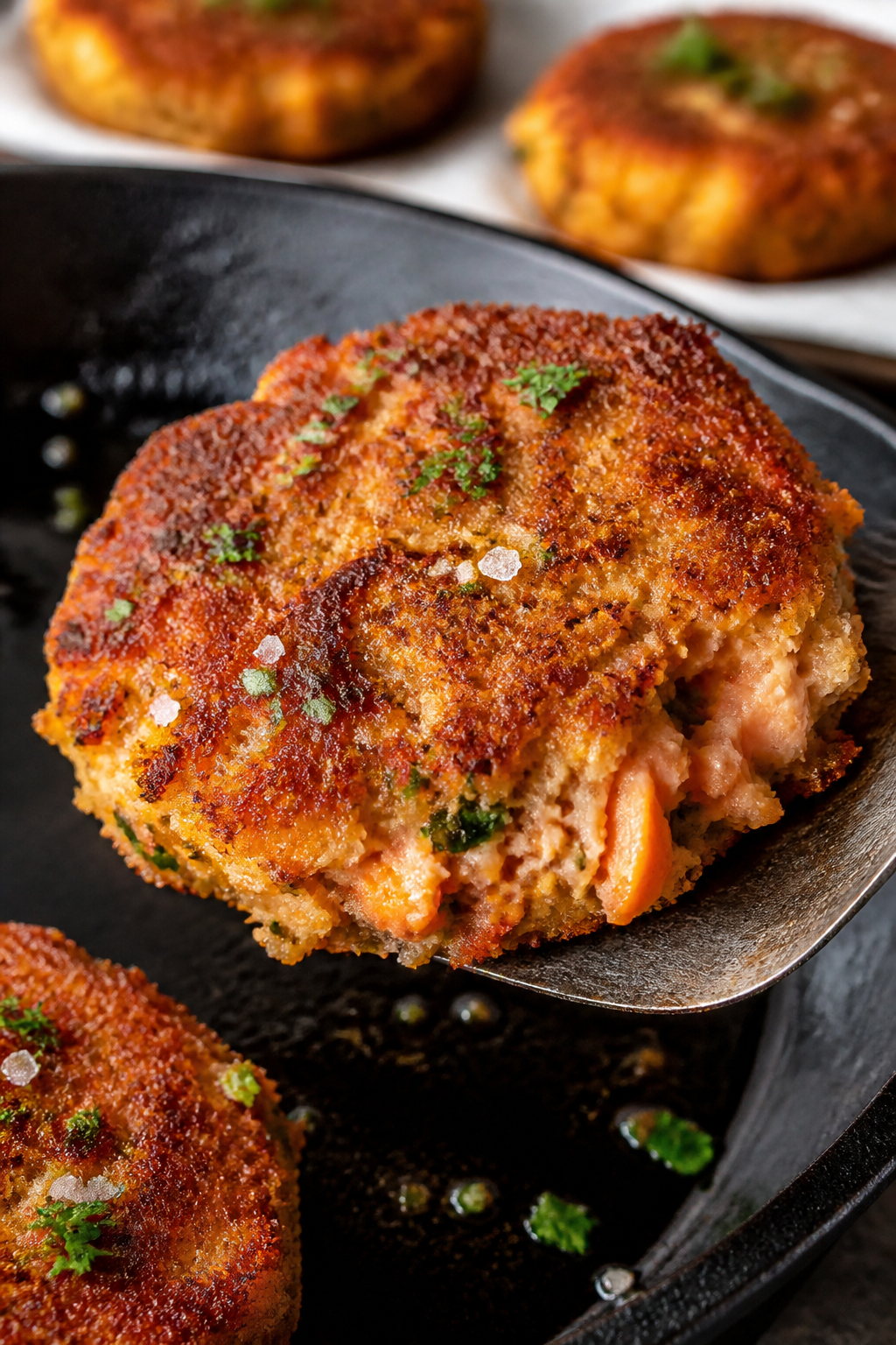 Close-up detail shot: A golden-brown ranch-seasoned keto salmon cake just lifted from a cast-iron sk