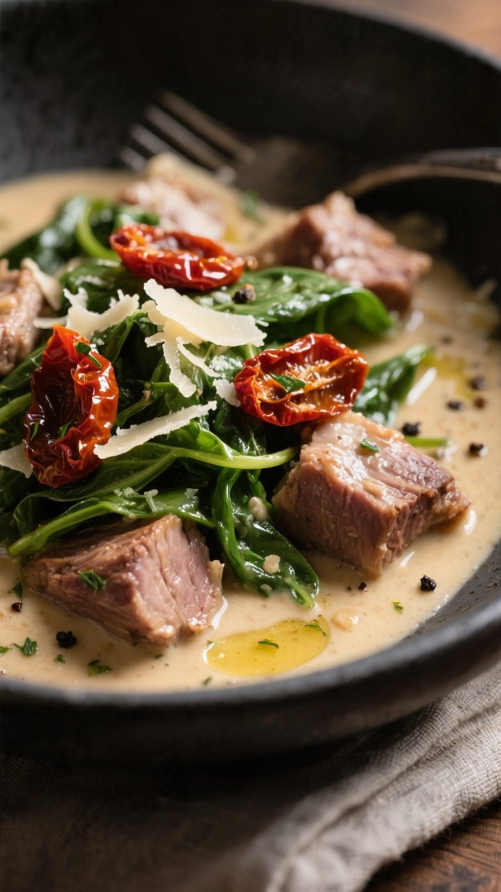 Close-up detail shot: Fork-tender chunks of slow-cooked Tuscan pork glistening in a silky creamy gar