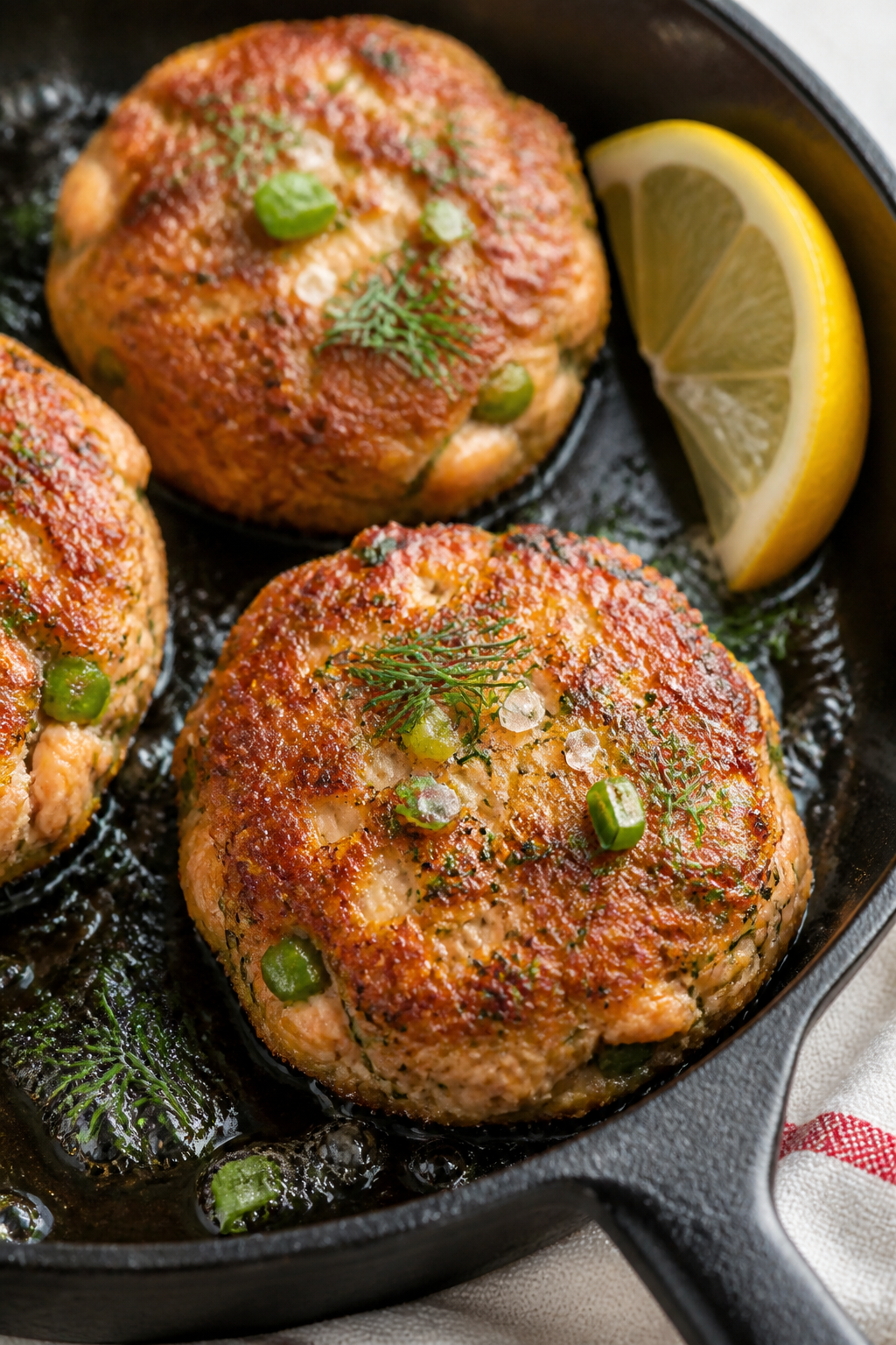 Close-up detail shot: Golden-brown keto salmon patties sizzling in a cast-iron skillet during pan-fr