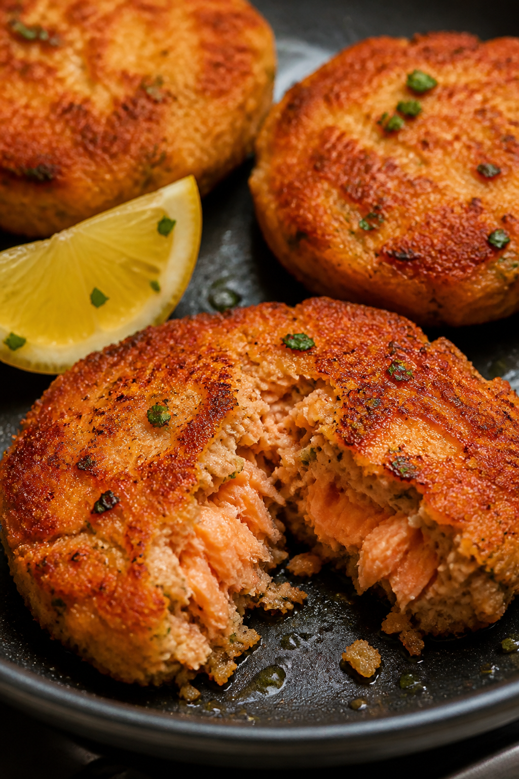 Close-up detail shot: Golden, pan-seared keto salmon cakes sizzling in a nonstick skillet, edges dee