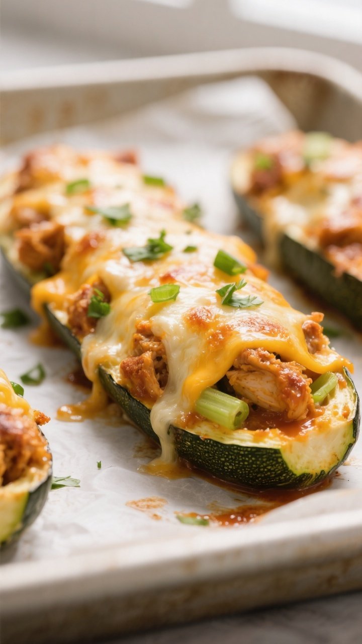 Close-up detail shot of freshly baked Buffalo Chicken Stuffed Zucchini Boats just out of the oven: g