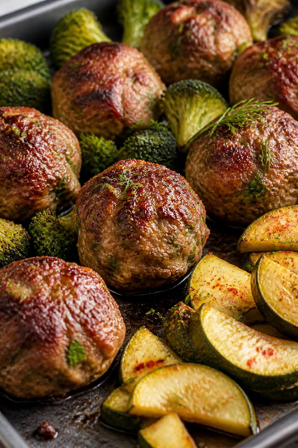 Close-up detail shot of seared keto meatballs just out of the oven, showing a browned, crusty exteri