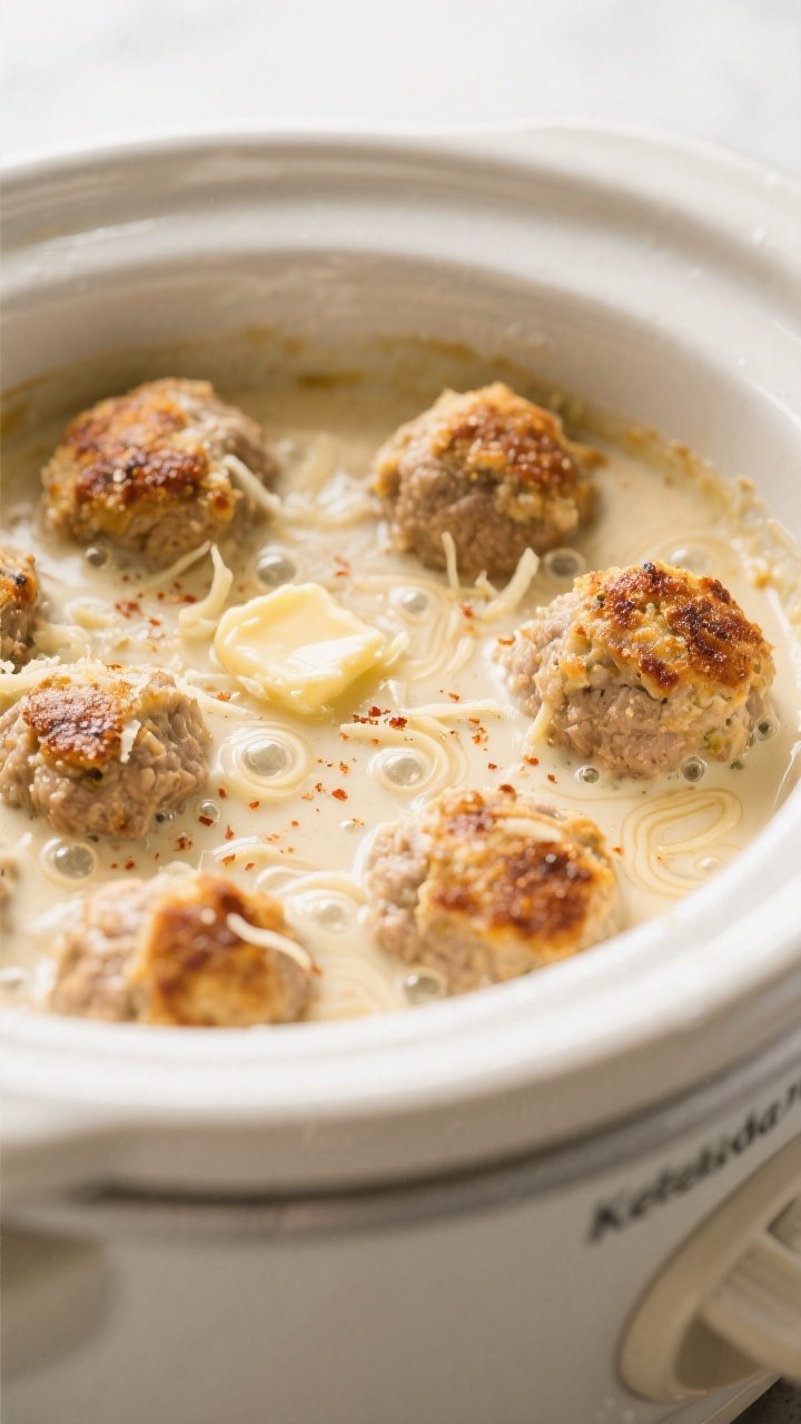 Close-up detail shot of seared keto Parmesan meatballs nestled in a simmering creamy garlic-Parmesan