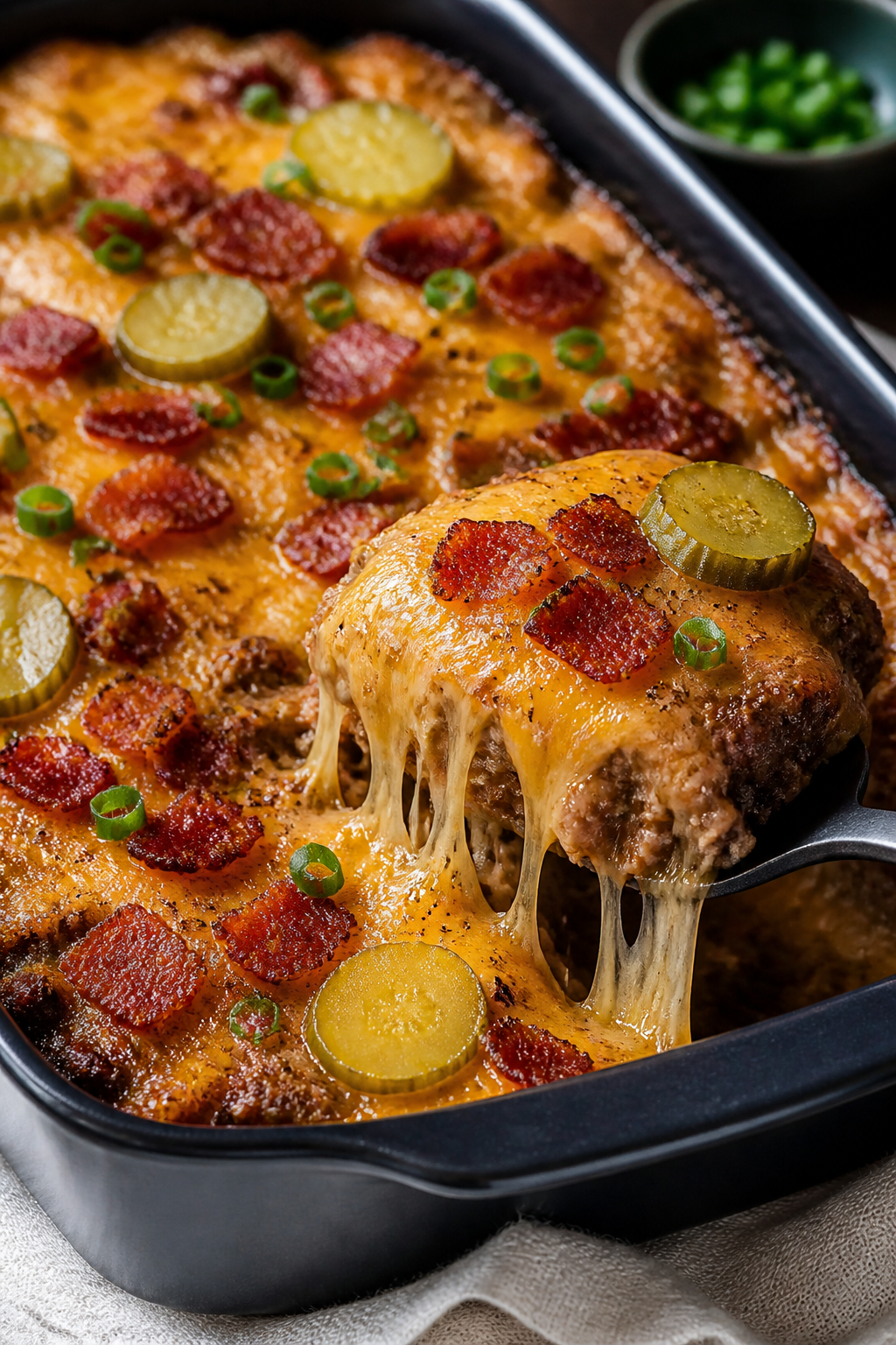 Close-up detail shot of the baked Keto Bacon Cheeseburger Casserole just out of the oven: golden, bu