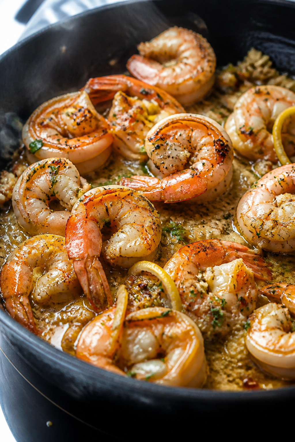 Close-up detail shot: Sear-kissed garlic shrimp just finished in the pan, glistening in a buttery le