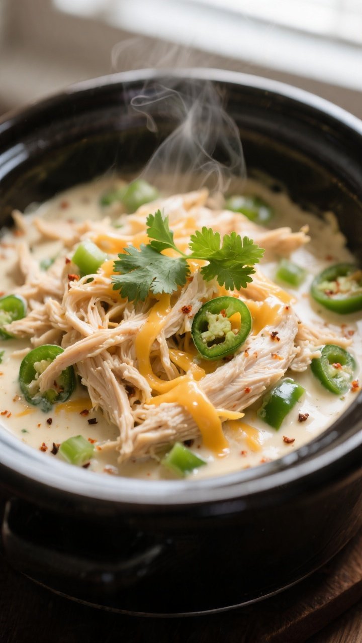 Close-up detail shot: Shredded slow-cooker green chile chicken folded back into a creamy sauce, show