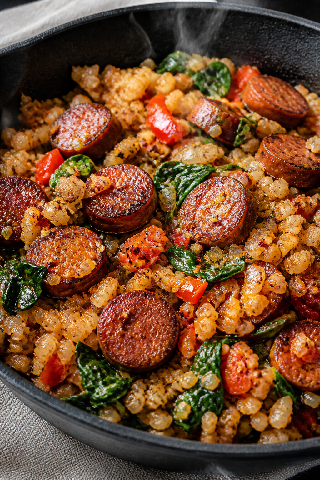 Close-up detail shot: Sliced smoked sausage coins sizzling with golden-browned edges nestled into te