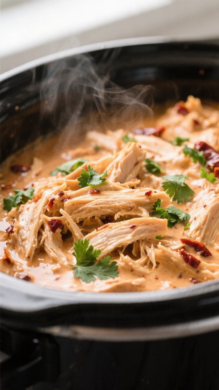 Close-up detail: Shredded chipotle ranch chicken just returned to the slow cooker, glistening in a t